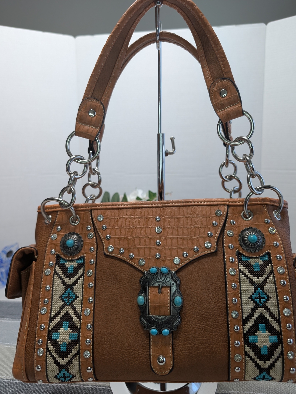 Fraless Brown Embellished Western-Style Shoulder Bag with Turquoise Accents